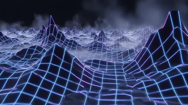 A futuristic grid landscape stretches across a digital terrain with mountain peaks under a dark sky.
