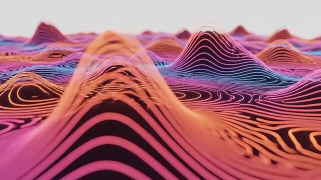 Vibrant striped hills landscape with colorful wavy patterns on sand dunes