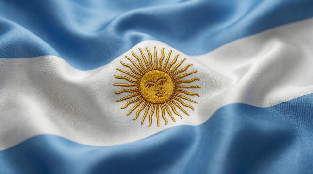 Waving flag of argentina with detailed fabric texture and golden sun