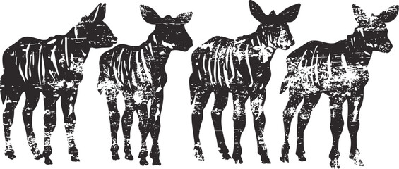 Obraz premium Four black and white zebra silhouettes with striped patterns in a row