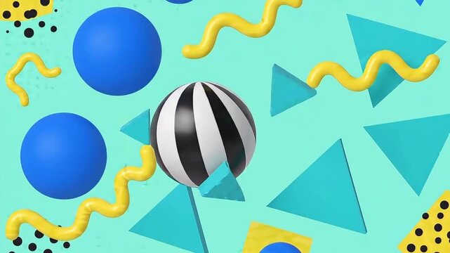 Vibrant geometric shapes and patterns create a lively abstract illustration on a teal background with yellow squiggles.