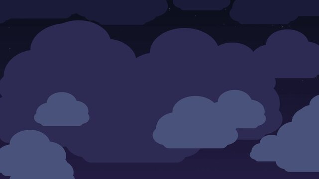 Flat design lofi background loop featuring dark midnight clouds moving with a parallax effect under a starry night sky. Perfect for chill hiphop music videos and cartoon backdrops