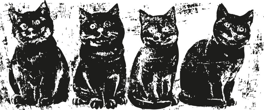 grayscale artistic silhouette of four sitting cats in a row with playful texture background