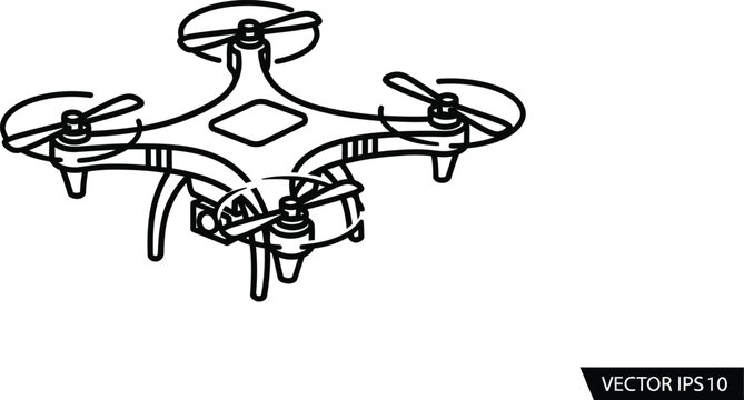 Black and white line of a drone with four propellers, labeled ips 10 unmanned aerial vehicle quadcopter