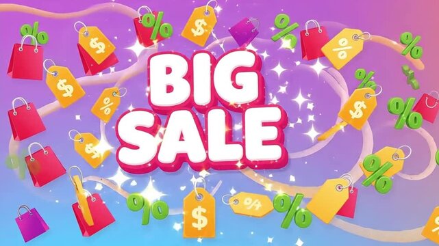 A vibrant illustration of a big sale with shopping bags and dollar signs floating in the air.