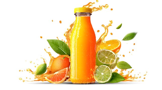 Bottled citrus juice with fresh citrus slices on white background. Juice flowing or splashing out from the bottle. Refreshing citrus juice design element.
