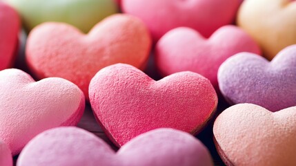 Obraz premium Close-up of many pastel-colored heart shapes, valentine's day theme