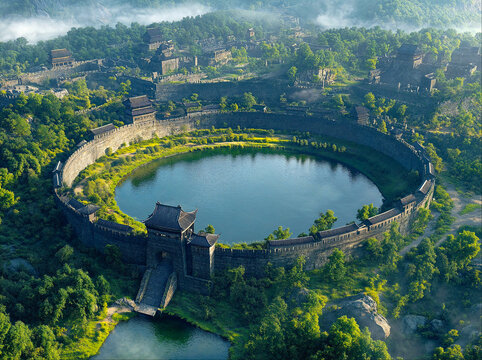 Aerial view of an ancient circular stone fortress with a lake inside surrounded by green forest