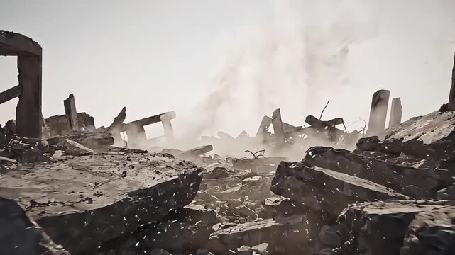 A devastated cityscape lies in ruins with destruction rubble and debris scattered everywhere amidst smoke.