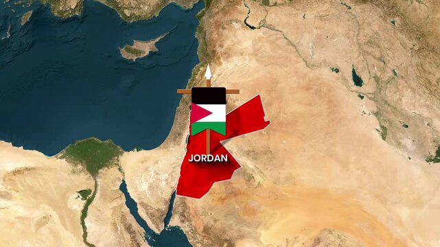 Animated Jordanian flag waving over a detailed satellite map of the Middle East region