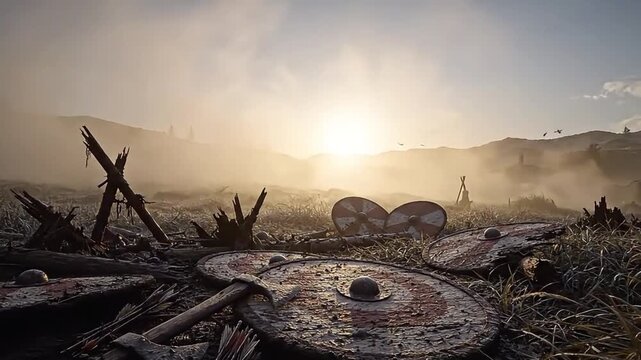 Abandoned industrial machinery lies scattered in a desolate landscape at sunrise