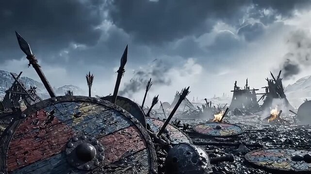 A dark and stormy landscape depicts a war-torn village with shields and arrows scattered on the ground amidst destruction.