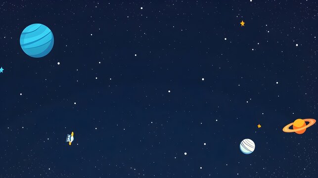 Cartoon planets and rocket ship in a starry night sky