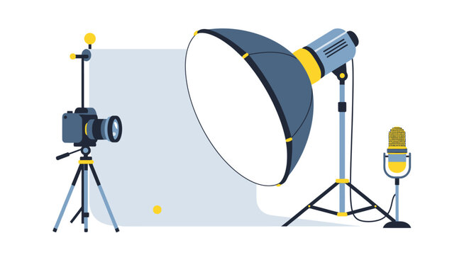 Professional Photo and Video Production Studio Setup Illustration with Camera, Softbox, Microphone and Backdrop for Content Creation