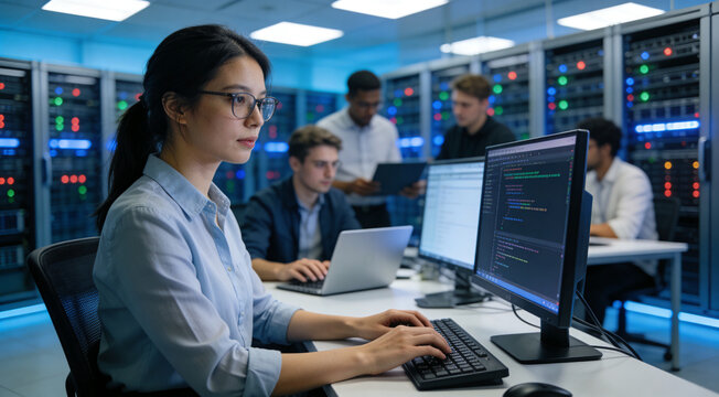 Young coder working at desktop workstation indoors