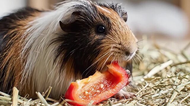 Guinea pig eating red pepper on hay with fur and whiskers visible closeup
