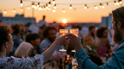 Back view of a group at a bright outdoor rooftop party at sunset with drinks raised the warm sky vivid in orange and gold behind them fairy lights strung above catching the