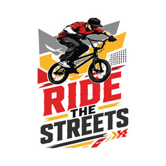 Obraz premium streetwear t-shirt illustration with cyclist performing stunt over geometric background, bold modern typography saying “Ride The Streets”, clean composition