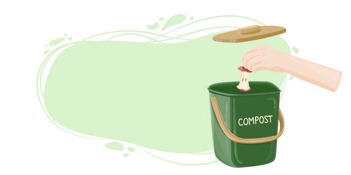 Hand throwing apple core into compost bin vector horizontal background banner with copy space
