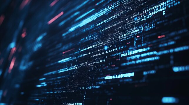 Abstract digital matrix of glowing binary code in futuristic cyber space