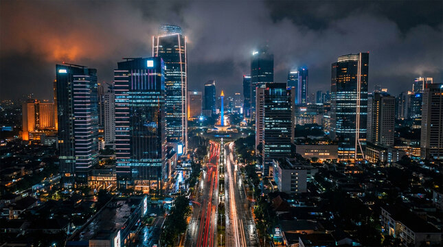 Beautiful Night Skyline of Jakarta Capital City with Bright Light Trails