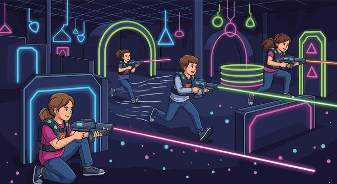 Group of excited children playing an action-packed game of laser tag in a dark arena filled with neon lights and laser beams.