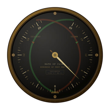 Vintage World War II aircraft variometer gauge isolated on white background. Old retro aviation dashboard instrument indicating rate of climb and descent in hundreds of feet per minute for flight