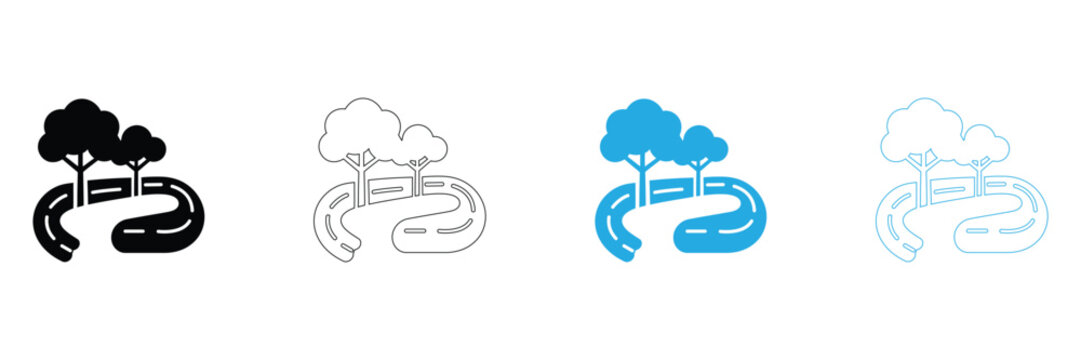 Four different colored icons of a road with trees on white background