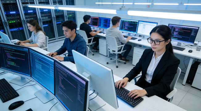 Female IT programmer working on desktop computer in control room