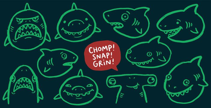 Collection of cartoon shark faces with different expressions, including a hammerhead shark, on a dark background.