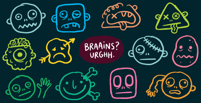 A collection of quirky and colorful cartoon zombie faces with various expressions and injuries, some with text.