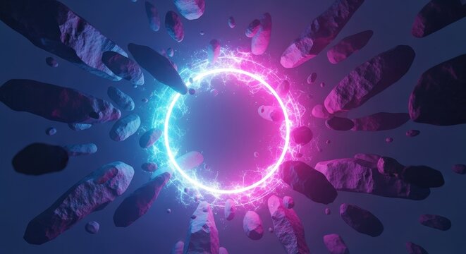 Abstract digital ring with floating objects against a dark background
