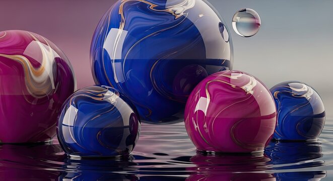 Abstract digital spheres with glossy textures and reflections creative background