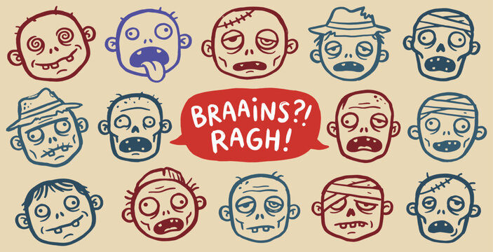 Collection of cartoon zombie faces with different expressions and a speech bubble saying BRAAAINS?! RAGH!.