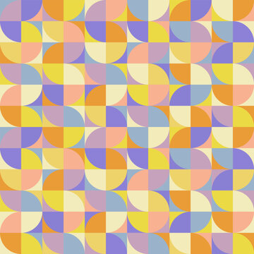 Mid-century modern style seamless geometric pattern, abstract pastel background with circle elements and color blocks. Eps 10