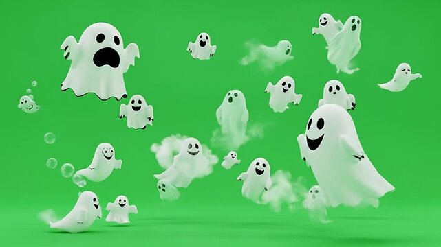 A collection of cute white ghosts floating against a solid green background