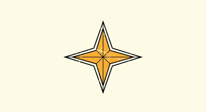Vintage four-pointed compass star illustration with a distressed texture and orange color palette on a pale cream background.
