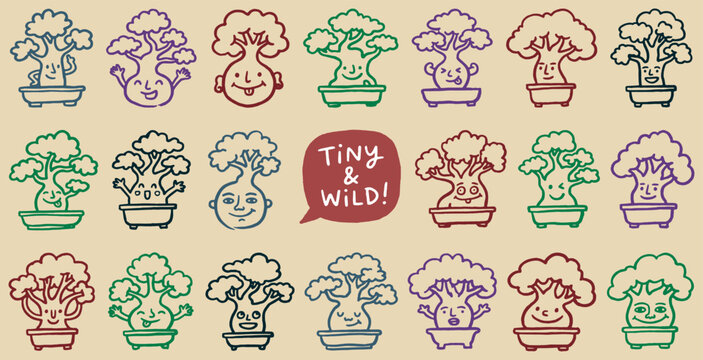 Collection of cute, hand-drawn bonsai trees with faces and the text "Tiny & Wild!".