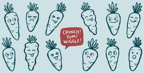 Obraz premium Collection of cute hand-drawn carrot characters with various funny expressions and emotions, perfect for food-related designs.