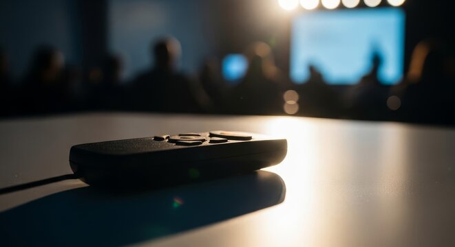 Close-up of a remote control on a table with an audience watching a presentation screen in the background