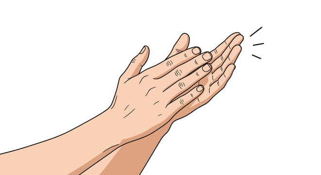 Human hands clapping in applause shown as a simple cartoon illustration with line art and flat flesh tones on a white background.