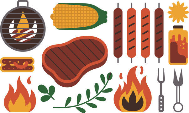 Barbecue icons set featuring grilled meat steaks sausages corn fire and cooking tools for summer cookout barbecue charcoal outdoors utensils gastronomy illustration isolated background