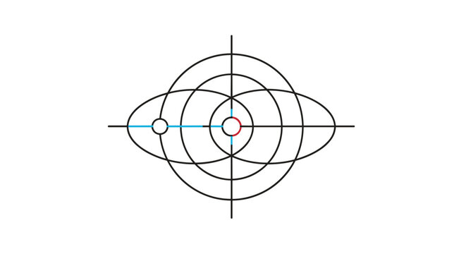 Abstract geometric diagram with concentric circles and intersecting lines suggests astronomical orbits or complex mathematical relationships in black.