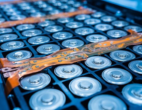 Close-up View of Lithium-Ion Battery Cells in a Pack for Electric Vehicles.