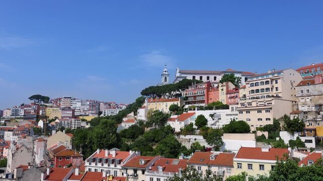 Panoramic view of Portugal Lisbon from Miradouro da Senhora do Monte or Our Lady of the Mount lookout with traditional orange tile roofs and colorful buildings under a blue sky in panorama