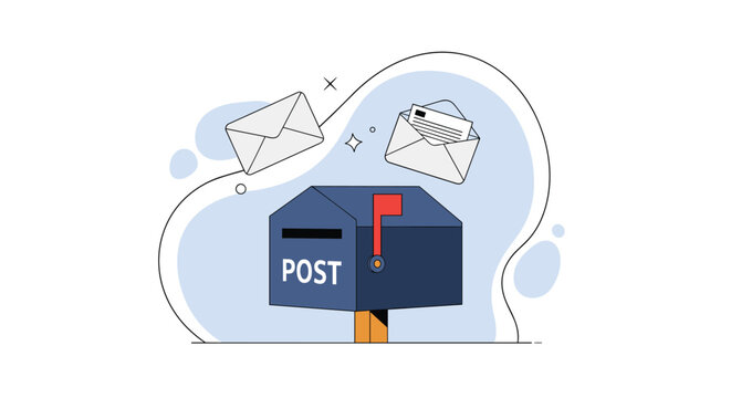 Blue mailbox with the word POST and a red flag is surrounded by flying envelopes to represent communication, mail, and delivery services.