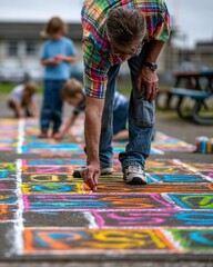 Obraz premium Focused medium frame capturing an older adult carefully outlining a vibrant hopscotch design while young helpers and picnic benches fade gently behind in diffused overcast light.