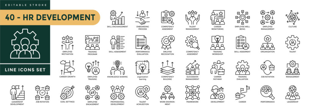 A collection of Human Resource Development icons set with editable stroke, including feedback system, professional development, career pathway, Employment, business. Thin linear vector illustration.