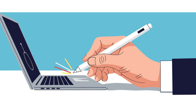 Hand using a white stylus pen on a laptop trackpad or screen illustrates digital art creation and precise technical work in a flat graphic style.