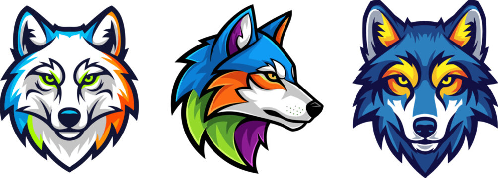 Stylized Wolf Heads Vector Illustration In Vibrant Blue Green And Orange